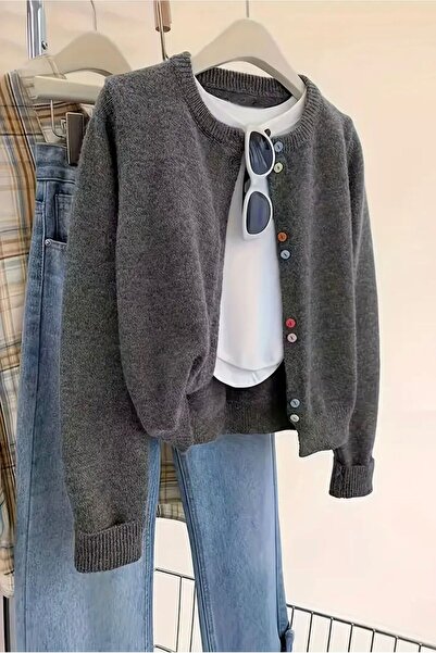 Elysira Γυναικεία πολύχρωμη ζακέτα από πλεκτό ανθρακί με κουμπιά