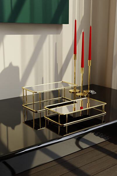 mba decor metal bending art Prisma Model Gold Aynalı Sunum Tepsisi – İkili Set | Dekoratif & Şık Sunum 30x15cm