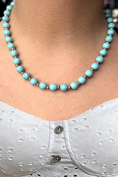 CAŞ DEKORASYON Gold and Blue Color Beaded Steel Necklace