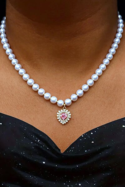 CAŞ DEKORASYON White Color Heart Motif Pearl Steel Necklace