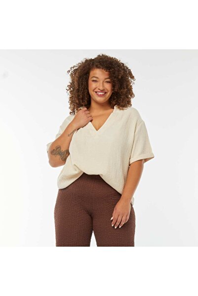 KIABI Cotton gauze blouse with polo collar WHITE