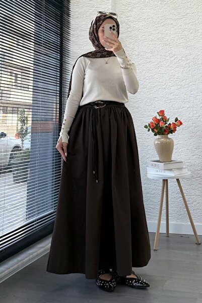 MELEK ARAZ Beli Lastikli Gabardin Kloş Etek – Kahverengi