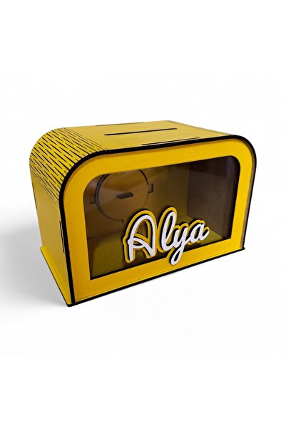 UNT Kişiye Özel İsme Özel Ahşap Kumbara – Hediye & Para Biriktirme Kutusu - Sarı