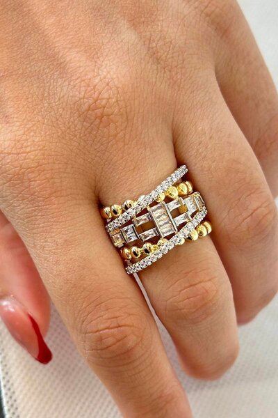 TAKIŞTIR خاتم قابل للتعديل بتفاصيل حجر ذهبي اللون