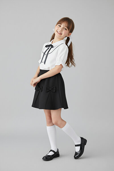 nacar çarşı Kız Çocuk Fiyonk Detaylı Siyah Etek Dantelli Beyaz Gömlek 23 Nisan 29 Ekim Gösteri Kıyafeti