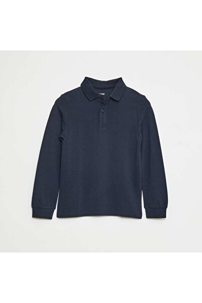 KIABI Long-sleeved piquÃ© knit polo shirt BLUE