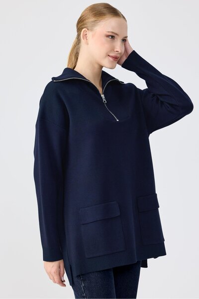 Tığ Triko Fermuarlı Dik Yaka Triko Tunik LACİVERT