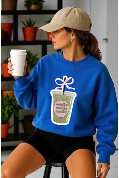 ArtYus سويت شيرت للجنسين بأكمام طويلة وطباعة أمامية لمشروب الماتشا وياقة على ...