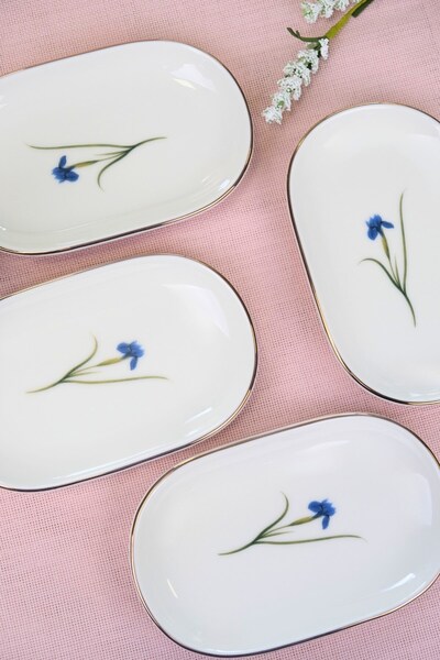 tabakevi Tabak Evi Porcelain Natura Iris Gold Gilded Oval Boat Plate 27,50X17,50X3Cm 4 Pcs