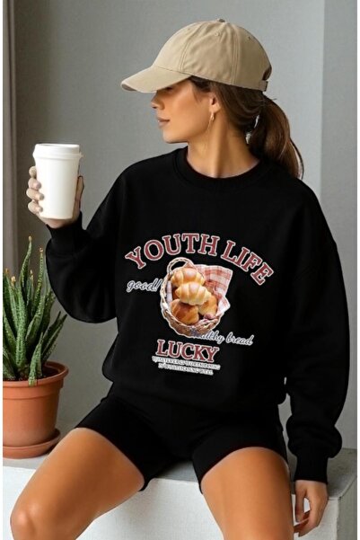 ArtYus سويت شيرت للجنسين بأكمام طويلة وطباعة كرواسون أمامية وياقة على شكل دراجة