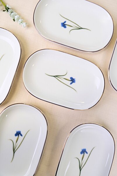 tabakevi Tabak Evi Porcelain Natura Iris Gold Gilded Oval Boat Plate 22,50X14,50X2,50Cm 6 Li