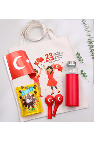Trendmiya Türk Bayrağı & Balon & Bez Çanta & Matara & Çikolata 23 Nisan Hediy...