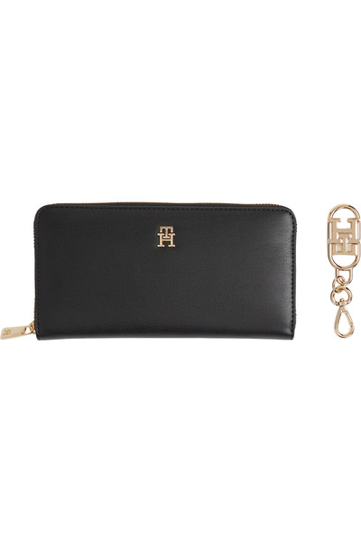 Tommy Hilfiger Kadın Marka Logolu Cüzdan Şık Tasarımlı Anahtarlık Seti Siyah Cüzdan AW0AW18040 BDS