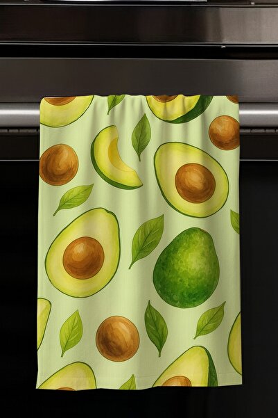 Else Dekor Green Avocado Fruit Patterned Set of 2 Decorative Washable Cotton Kitchen Oven Hand Towels 35X50 cm