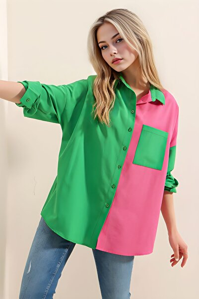 Hiccup Bdart Color Block Satin Shirt with Pocket Detail