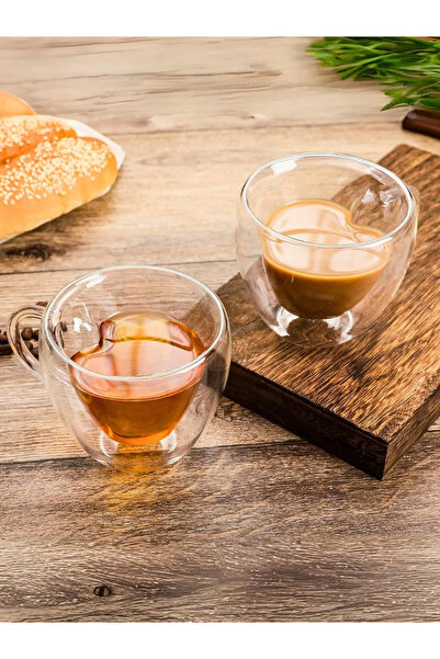 1Chase Set of 2 - Heart Shaped Double Wall Glass Coffee Mug With Handle, 180ml