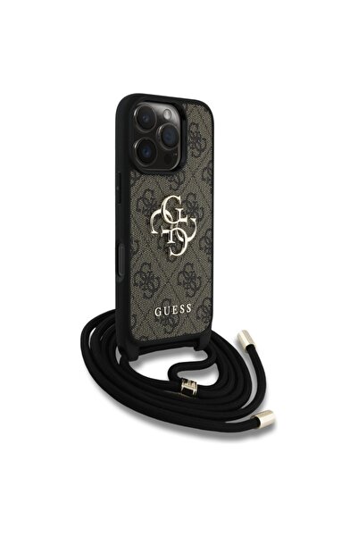 Guess Θήκη για iPhone 16 Pro Max, Σκληρή θήκη 4G με μεγάλο λογότυπο και λουράκι καλωδίου, Λεπτή προστασία, Συμβατή, Καφέ