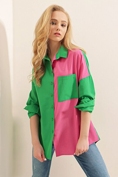 Hiccup Bdart Color Block Satin Shirt with Pocket Detail