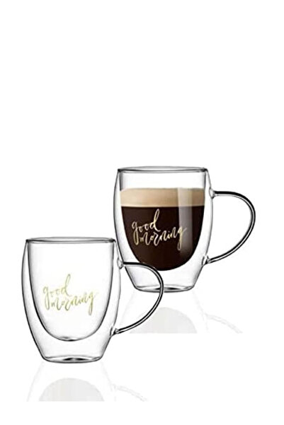 1Chase Set of 2 - Double Wall Good Morning Printed Glass Mug With Handle, Cle...