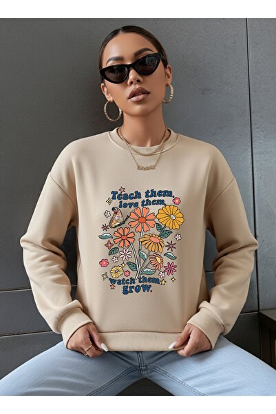 uyguntarz Unisex Teach Them Love Them Printed Oversize Crew Neck Sweatshirt