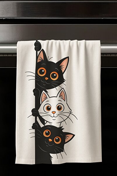 Else Dekor Set of 2 Decorative Washable Cotton Kitchen Oven Hand Towels with Sequential Cats Pattern