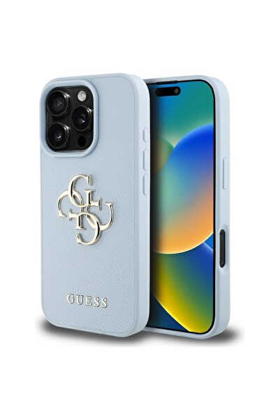 Guess Θήκη για iPhone 16 Pro Max, Σκληρή θήκη με κόκκους, μεγάλο λογότυπο 4G, μικρό κλασικό λογότυπο, λεπτή προστασία, μπλε