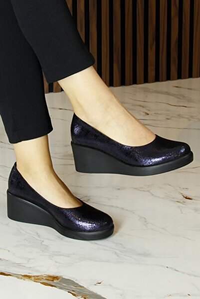 Erkan Saçmacı Mabel Синій змій Справжня шкіра теляча Крутий носок Набивний каблук Повсякденне взуття