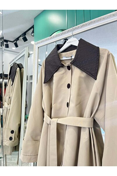 MERAM BUTİK Suit Jacket with Leather Detail on the Collar - Beige - 1 (Oversize Suitable for Size 36-38)