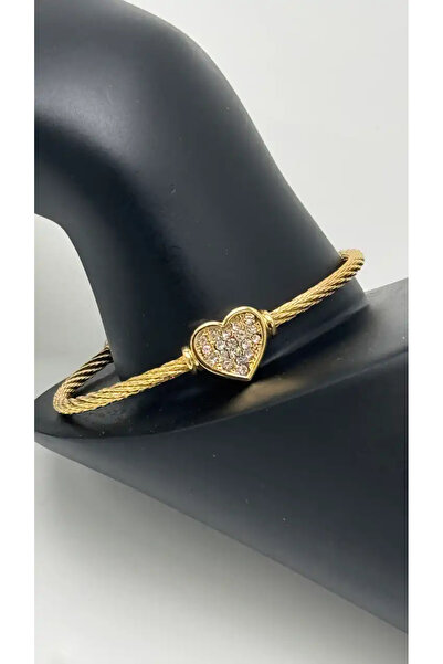 TAKIŞINA Özel Seri Çelik Kalp Detay Taşlı Kelepçe Bilezik - Gold