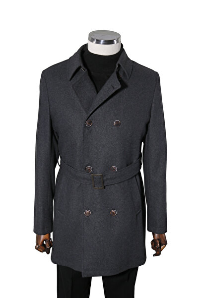 Globay Pamuklu Kemerli Kruvaze Kaşe Kaban