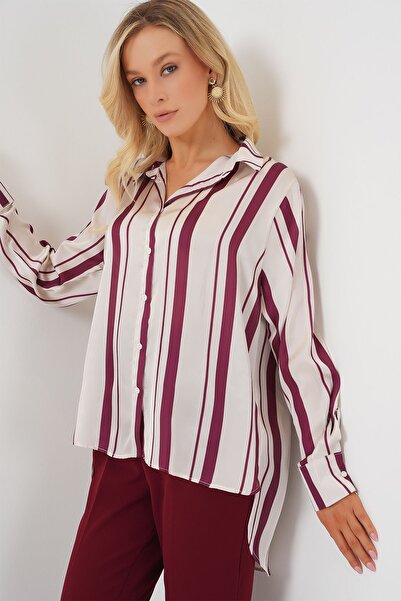 Hiccup Bdart Button Closure with Stripe Satin Long Sleeve Shirt