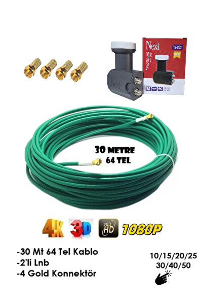 Vwin 30 Metre 64 Tel (YEŞİL) Gold Uçlu Hazır Anten Kablosu + 2'li Next LNB + ...