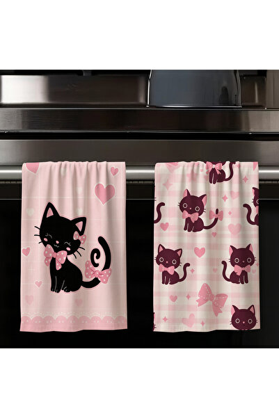 Else Dekor Cute Cat Pink Patterned Set of 2 Decorative Washable Cotton Kitchen Oven Hand Towels