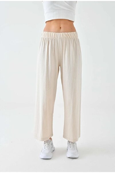 MVStore Women's Elastic Waist Wide Leg Comfortable Fit Flam Linen Trousers