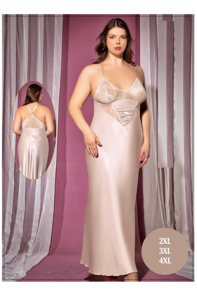 lidofya Plus Size Beige Long Satin Nightgown Low Back