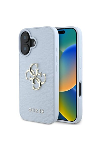 Guess Θήκη για iPhone 16, Σκληρή θήκη με κόκκους, μεγάλο λογότυπο 4G, μικρό κλασικό λογότυπο, λεπτή προστασία, μπλε