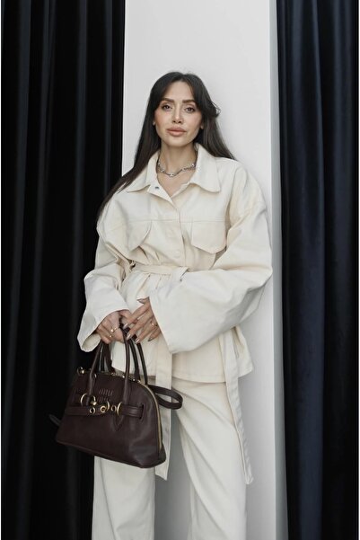 BRTC design Women's Denim Cream Pocket Detailed Jacket Pants Set