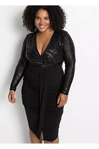 Şans Γυναικείο βραδινό φόρεμα μεγάλου μεγέθους, μαύρο, με γιακά με παγιέτες 65N39158