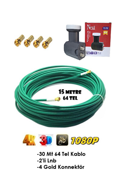 Vwin 15 Metre 64 Tel (YEŞİL) Gold Uçlu Hazır Anten Kablosu + 2'li Next LNB + ...