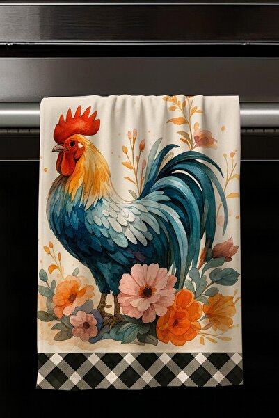 Else Dekor Colorful Rooster Chicken Farm Patterned Set of 2 Decorative Washable Cotton Kitchen Oven Hand Towels