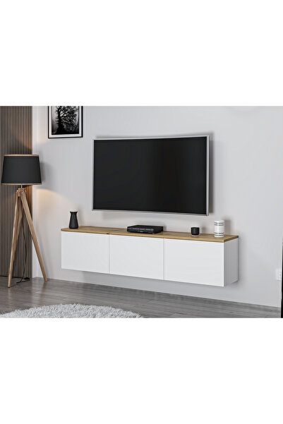 Minar Parion Duvara Monte RGB Led Işıklı Tv Ünitesi - Beyaz/Artisan