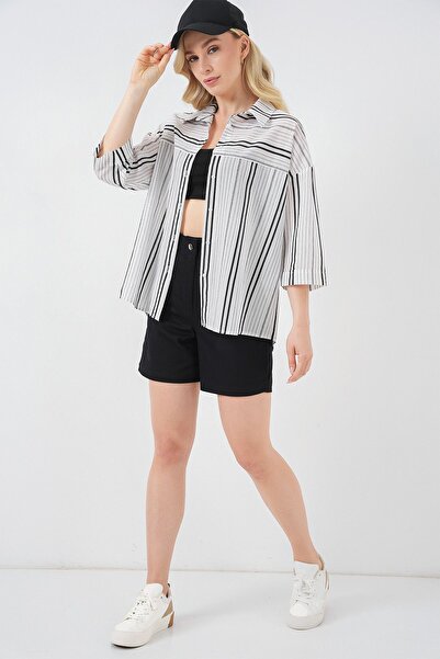Hiccup Bdart Three Quarter Sleeve Striped Poplin Shirt