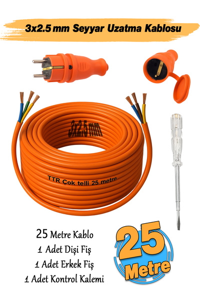 Badem10 3x2.5 mm 25 Metre Seyyar Uzatma Kablosu TTR CCA Telli Elektrik Kablo Kontrol Kalem Dişi Erkek Fiş