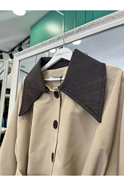 MERAM BUTİK Suit Jacket with Leather Detail on the Collar - Beige - 1 (Oversize Suitable for Size 36-38)