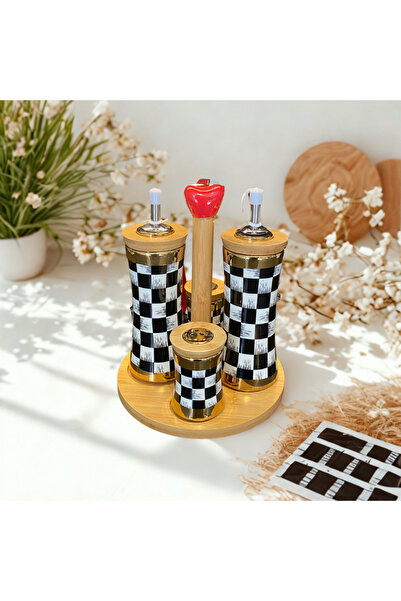 Karma Home Set of 4 Black and White Checkerboard Patterned Oil, Vinegar and S...