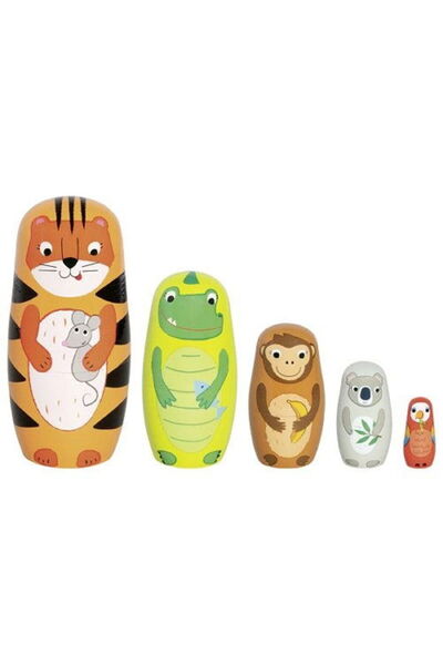 Goki Păpuși Matrioșka cu animale, din lemn, copii 3+, set de 5,