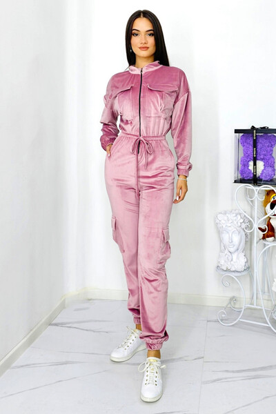 FashionForYou Ximena velvet jumpsuit, with drawstring waist and oversized pockets, Pink