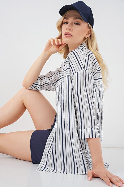 Hiccup Bdart Three Quarter Sleeve Striped Poplin Shirt
