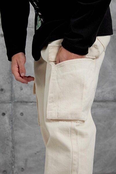 NOMARC Κρεμ W11 Gabardin Υφασμάτινο Φαρδύ Παντελόνι Τζιν πλαϊνή τσέπη τεμαχίων