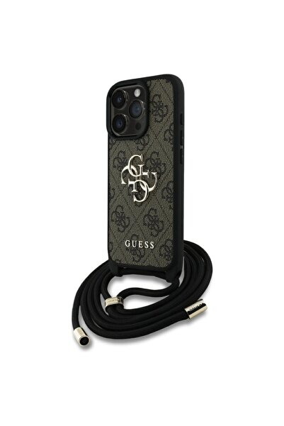 Guess Θήκη για iPhone 16 Pro, Σκληρή θήκη 4G με μεγάλο λογότυπο και λουράκι καλωδίου, λεπτή προστασία, συμβατή, καφέ